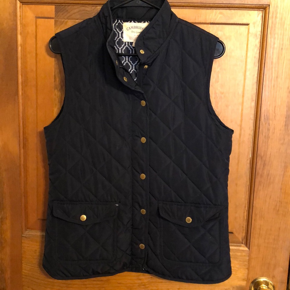 Navy quilted vest with gold buttons